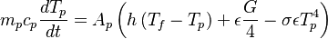 

 m_p c_p  \frac{ d T_{p}}{d t}   =  A_p \left ( h \left ( T_f - T_p \right ) + \epsilon \frac{G}{4} - \sigma \epsilon T_p^4 \right )

