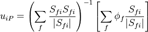 

u_{iP} =\left( \sum_f \frac{S_{fi}S_{fi}}{|S_{fi} |}  \right)^{-1}\left [   \sum_f \phi_f \frac{S_{fi}  }{|S_{fi} |} \right] 

